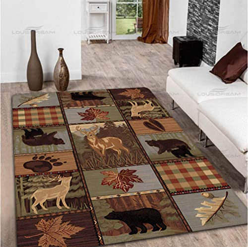 JHUHN Landhausstil Bauernhaus Lodge Bär Elch Hirsch Teppich Quadratischer Heimteppich Vintage Heim Wohnzimmer Fußmatten 80X120cm