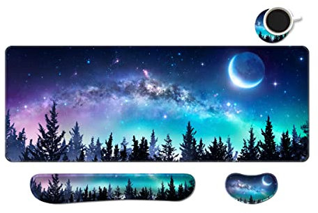 MIBITRI Keyboard Mouse Pad Set, Extended Gaming Mouse Pad+Ergonomics Keyboard Wrist Rest Support, Memory Foam, Easy Typing Pain Relief, 3Pcs XXL Ultra Thick Desk Mat, Moon Forest