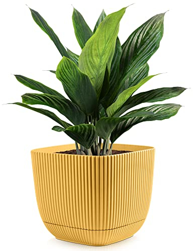 Konzept 11 - Blumentopf klein 4 l mit Unterzetzer, quadratischer Übertopf 19 x 19 cm, Pflanzentopf für Zimmerpflanzen aus Kunststoff, Gelb