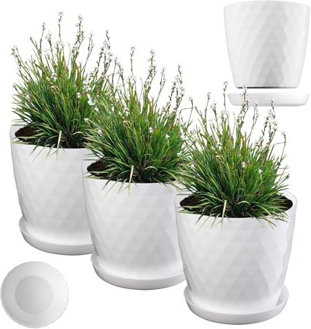 KADAX Vaso da fiori in plastica con sottovaso, vaso in materiale leggero, vaso decorativo per erbe aromatiche, vaso per fiori, piante, cactus e piante grasse (set di 3-30 cm, bianco)
