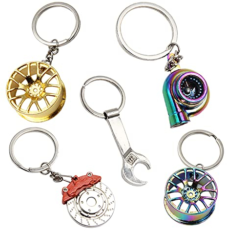 Rebanky 5 Stück Autoteile Schlüsselanhänger Turbo Keychain Auto Felgen Schlüsselanhänger Auto Turbolader Schraubenschlüssel Bremsscheibe schlüsselanhänger