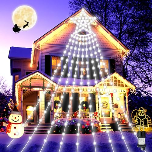 BIAOQINBO LED Lichterkette Weihnachtsbaum Lichter mit Stecker 350 LEDs Weihnachtsbeleuchtung Dekor String Lights mit Sterne 9 Saiten*3.5m IP45 8 Leuchtmodi Für weihnachten Innen Außen Kaltweiß