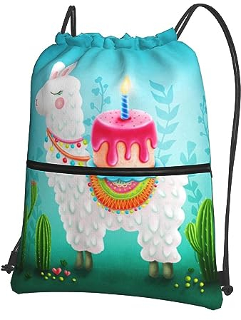 QQLADY Lama Alpaka Kuchen Kaktus Kordelzug Rucksack Wasserdicht String Bag Sackpack Cinch Rucksack für Gym Sport Yoga, Schwarz , One size