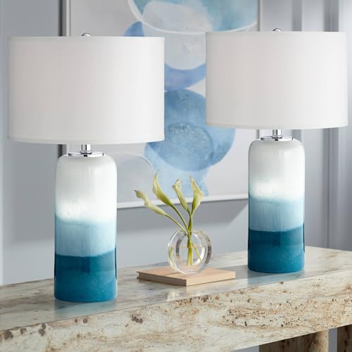 Possini Euro Design Roxanne 25 High Modern Coastal Table Lamps Set of 2 LED Night Lights White Blue Art Glass Fabric Shade Living Room Bedroom Bedside Nightstand House Office Home (Colors May Vary)