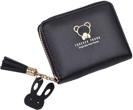 Süße Geldbörse für Mädchen Damen mini Portemonnaie Kinder aus Weichem PU Leder mit Reißverschluss,Cartoon-Design Anhänger,Münzfach und Kartenfächern (Schwarz)
