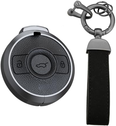 KUNIO Schlüsselhülle Passt für Mercedes SMART Fortwo 1 Brabus 1 Passt für Mercedes SMART 2022 2023 Schutzhülle Legierung Leder Schlüsseletui Schlüsselanhänger 3 Tasten Schwarz