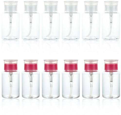 VIDETOL 12 PCS 180 ml Nail Polish Remover Pump Dispenser, Plastic Pump Bottle Dispenser, Pink & Clear Empty Liquid Bottle Container for Makeup, Travel, Home