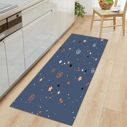 Teppich Läufer Cartoon-Sterne-Mond Rutschfestes Küchenmatten 50x140cm, Blau Teppiche Waschbare Gummiunterlage Fußmatte, Mikrofaser Eingangsbereich Flur Teppich