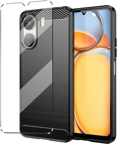Cover for Xiaomi Redmi 13C 4G Case with 1 Pack Tempered Glass Screen Protector Phone Case for Xiaomi Redmi 13C 4G,Soft TPU Slim Fit Shockproof Anti-Scratch carbon fibre Cover-Black