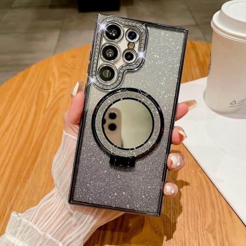 Altartar Magnetisch Handyhülle für Samsung Galaxy S22 Ultra Glitzer Hülle mit Ständer,Glitter Handyhülle Samsung S22 Ultra Spiegel Makeup Schutzhülle Ultradünn Transparent Case Cover-schwarz