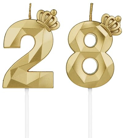 Geburtstagskerzen Zahlen 28 mit Krone，3D Kerzen Geburtstag für Kuchen geburtstagsdeko, Geburtstag Kerzen Zahlen, Geburtstagskerzen Kinder für Partys, Hochzeiten, Firmenfeiern, Jubiläen (Gold, #28)
