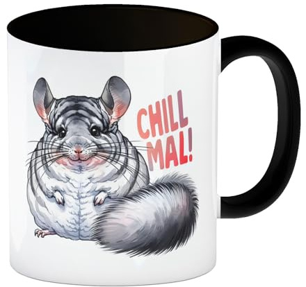 speecheese Pummeliges Chinchilla Kaffeebecher in schwarz mit Spruch Chill mal Der niedliche pummelige Chinchilla Kaffeebecher in schwarz mit süßem Kuscheltier und entspanntem Ausruf Text