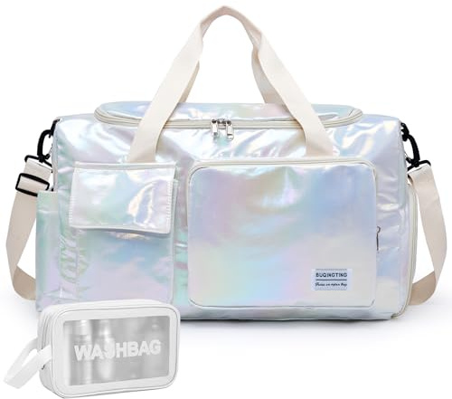 Z6 Beige Shinny Gym & Toiletry Bag - Women's Travel Duffle Carry On Weekender with Shoe Compartment