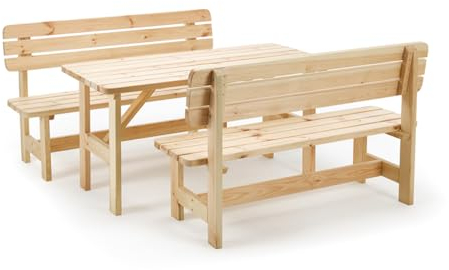 iWerk® – Gartengarnitur aus Holz | Set bestehend aus Gartentisch & Bänken mit Lehne | Hochwertige Sitzgarnitur für den Garten | PEFC-zertifizierte Gartenmöbel für Draußen (Natur)