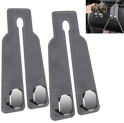 GOEDEKE 2Pcs Leather Car Headrest Hooks for Storage, Double Seat Back Organizer Hanger for Bags, Handbags, Purses (Gray)