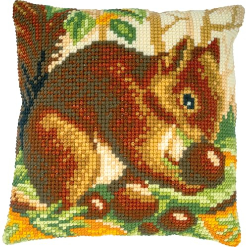 Vervaco Cross Stitch Kit Decorative Cushion Squirrel Crafts Adults Decoration Embroidery Kit Beginners Complete DIY Embroidery Creative Gift ca. 40x40cm Cross Stitch Embroidery