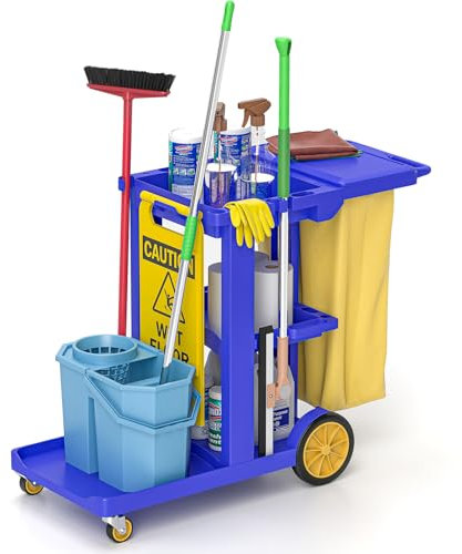 ybaymy Putzwagen Reinigungswagen mit 3 Fächern Profi Gewerbe Reinigungswagen, 83 x 46 x 90 cm, Haushaltswagen mit 4 Rollen, Große Kapazität 65 L Müllsack für Hotelservice/Einkaufszentren/Büros