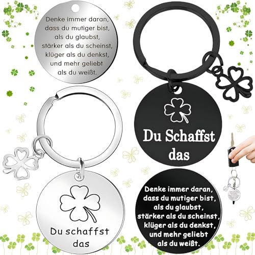 Liekadijiae 2 Stück Glücksbringer Schlüsselanhänger, Schlüsselanhänger Spruch, Glücksbringer Schule, Schlüsselanhänger mit Vierblättrigem Kleeblatt, Inspirierender Schlüsselanhänger aus Edelstahl