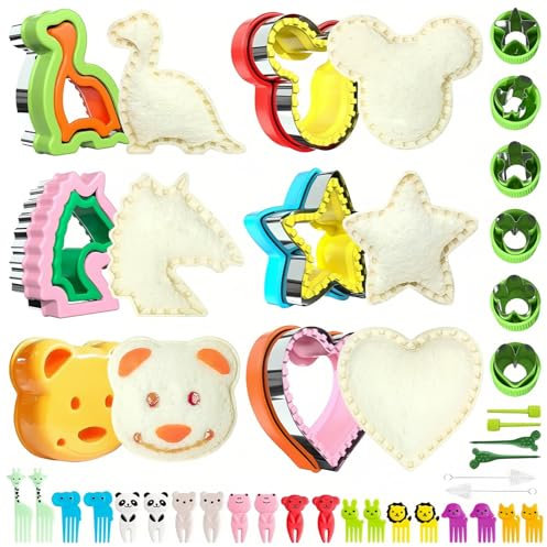 Foyucool 38 Pièce Emporte Piece Sandwiches Cutter, Découpeurs de Sandwich en Acier Inoxydable, Moule à Étoiles en Forme de Coeur d'ours Dinosaure, avec 2 Brosses de Nettoyage et 20 Fourchettes