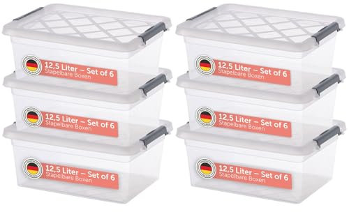 Blumtal Aufbewahrungsbox mit Deckel 12,5L aus Kunststoff - Aufbewahrungsboxen 37x28,5x15,5 cm - Boxen Aufbewahrung aus 100% Neumaterial mit Verschlussclips - Box mit Deckel - Kiste mit Deckel 6er Set