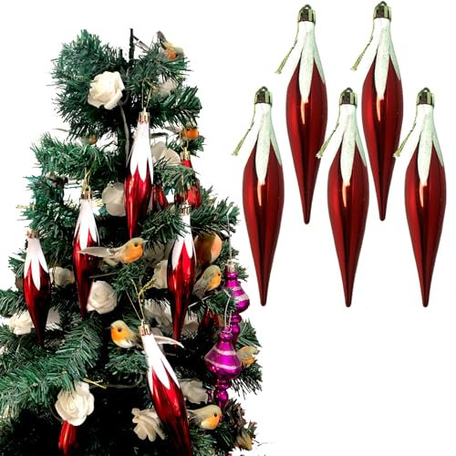 ToSSme Pack Of 15cm Christmas Droplet Baubles - Matte & Glitter Design - Christmas Baubles (Red)
