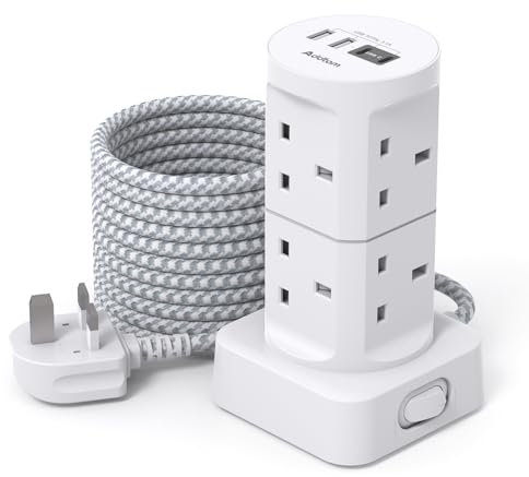 Tower Extension Lead with USB Slots, (13A 3250W), 8 Way Multi Plug Extension Tower & 4 USB Ports (2 Type C & 2 USB A Ports), 3M Extension Cable, Extension Lead tower for Home Office School Supplies