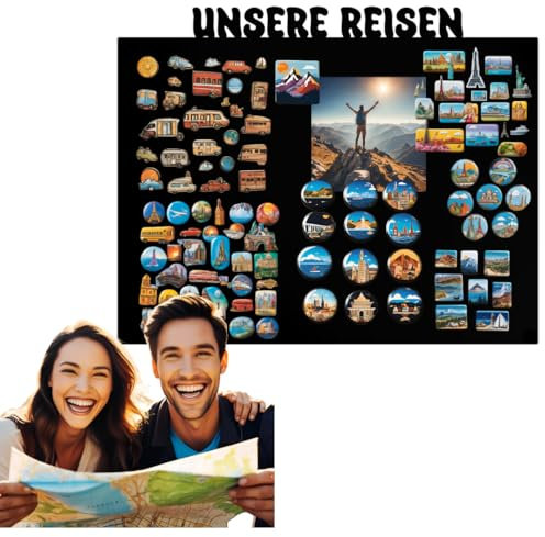 Anwicar Magnettafel Unsere Reisen - Horiznotal 80x100 cm magnetische Pinnwand aus Stahl - ideal für Reise - Magnete und Erinnerungen - beschreibbare Magnettafel - inkl.Montageset - Schwarz