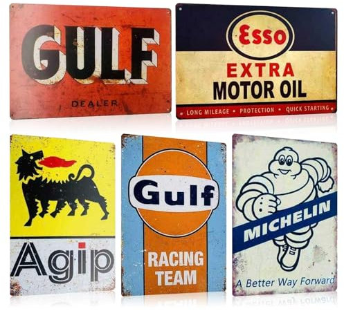 Lot de 5 Garage Plaque Metal Vintage Decoration - Atelier Panneau Pancarte Deco Murale - Retro Américaine Voiture Gas Station Cave Publicitaire 20x30cm (SET C)