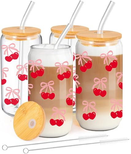 MEIMUCUL Glas Mit Deckel und Strohhalm,4 Stück Clean Girl Aesthetic Kirsche Trinkgläser mit Deckel und Strohhalm,Smoothie gläser 500ml,Iced Coffee Glas,Glasbecher Geschenk für Schwester Freundin