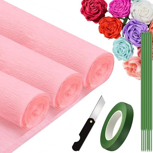 3 Rolls Krepppapier Rosa Farbe 25x250cm, Krepppapier Rollen, Nicht Abfärbende Farben, Krepppapier Bunt für DIY Blumen Kunsthandwerk, Geburtstagsfeier, Hochzeit, Festival Ornament (Rosa Farbe)