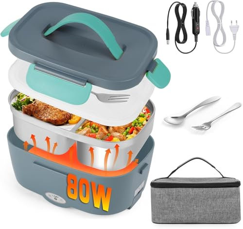 Carastek 80W Électrique Gamelle Chauffante Boîte à Lunch 3 en 1 Lunch Box Gamelle Chauffant Boite Repas Alimentaire 220V 12V 24V en Acier Inoxydable Thermique Amovible Convient pour Voiture Camionet