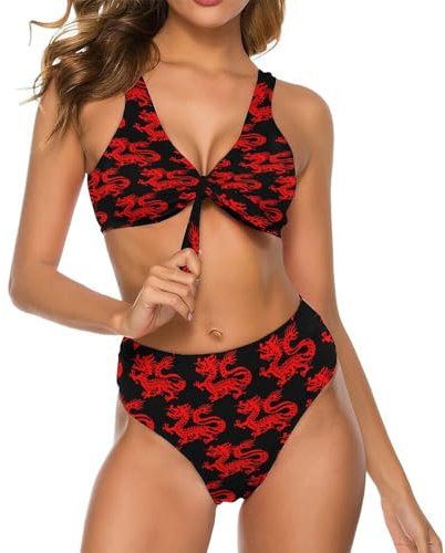 Maillot de Bain 2 pièces à Lacets pour Femme, Motif Dragon Magique Chinois, Papier découpé