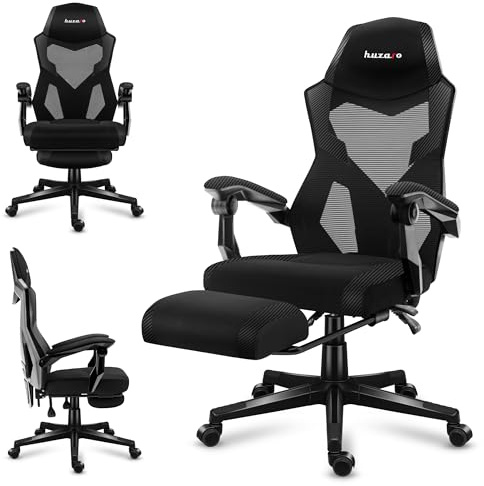 huzaro Combat 3.1 Ergonomischer Gamer Stuhl bis 150 kg - Gaming Stuhl | Schreibtischstuhl mit verstellbarer Rückenlehne 135° - Bürostuhl Gaming mit Fußstütze - Mesh - Schwarz