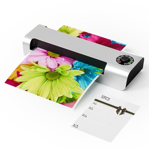 13 Inch 4-Roll Laminating Machine for 3-10mil Thickness + 10 Laminating Sheets, Crenova A3 Laminator Machine, Hot & Cold Use, Fast 60s Warm-Up, Jam-Free for Office, School & Business, Sliver