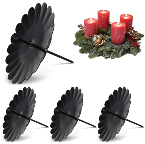 LPZMPZ Kerzenhalter Adventskranz 4 Stück Kerzenhalter Stumpenkerzen Schwarz 7.5cm Kerzenteller mit Dorn, Adventskranz Kerzenstecker, Metall Blütenblattform Kerzenständer, Advent Deko