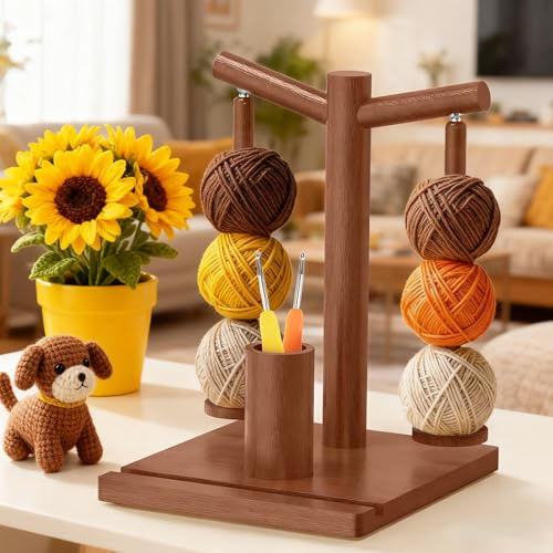 Buwico Doppelter Garnhalter, Magnetischer Holzwalle Spinner Stand für Stricken und Häkeln Zubehör, Faden Organizer mit Garn Kugelhalter, Handwerk Geschenk für Stricker (natürliches Holz)