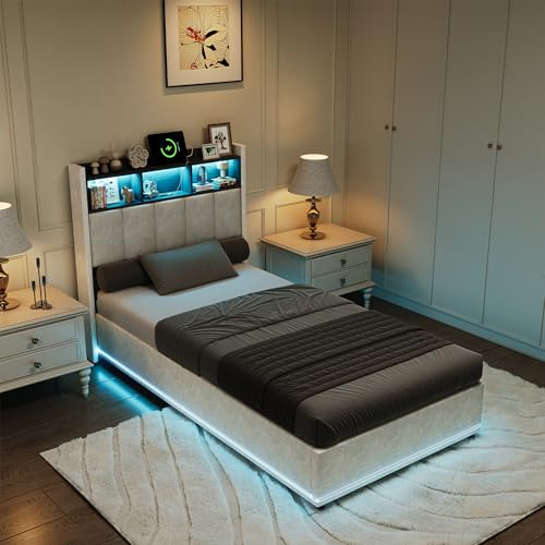 BLSYHDH Bettgestell 90x200,Boxspringbett mit LED,Einzelbett mit Stauraum,Hydraulisch Stauraumbett,Polsterbett gepolstertes Bett mit USB,Funktionsbett Jugendbett für 1 Person (Weiß+Flanell)