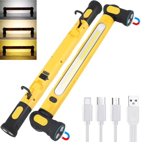 Linterna Taller Mecanico Trabajo LED Recargable con Iman Luz Portatil 5000mAh Bateria Profesional Magnetica Lámpara de Inspección COB LED con Gancho, para Coche, Garaje, Camping, Emergencia[Amarillo]