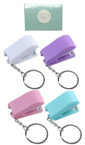 Mikikit Portable Mini Stapler Keychain Set 5pcs with Staples, Compact Book Staplers in Purple Green Pink White, Student Office Portable Stapling Tool for School and Home Use