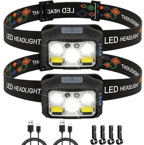 KOHRIUK 2 Piezas Linterna Frontal LED Recargable Linterna de Cabeza Ligeras 2000 Lúmenes con Sensor de Movimiento Luz Frontal Cabeza 6 Modos IPX6 Impermeable y 45° Ajustable para Correr Camping Pesca