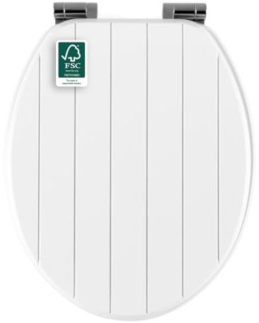 Beldray Tongue & Groove Toilet Seat, Soft Close, White Grooved | FSC®-Certified wood, Zinc Alloy Hinges, Fits Most Standard Toilets, Lid 340 x 415mm, Seat 370 x 430mm, Easy Clean