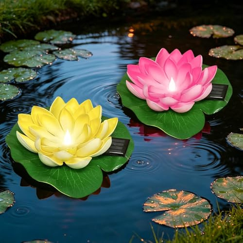 RNPKZ Lot de 2 fleurs flottantes, nénuphars artificiels, étanches, lampes solaires flottantes pour jardin, cour, piscine, fontaine et aquarium, décoration extérieure (rose + jaune)