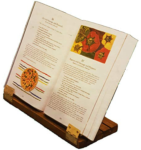 Original Kochbuchhalter mit Scharnier, Acryl-Schild mit Holzsockel und Messingscharnieren, hergestellt in den USA