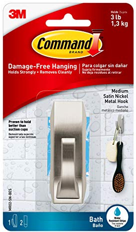 Command Bath Hook, Medium, Satin Nickel Metal - Water Resistant - 1 Medium Hook and 2 Adhesive Strips - Hang Towels, Robes and other Bathroom Accessories - Ideal to avoid Drilling through Tiles