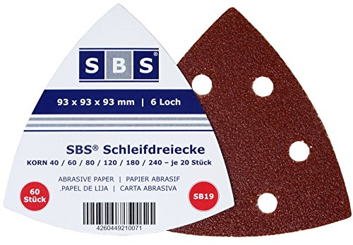SBS Klett-Schleifdreiecke | 93x93x93mm | 120 Stück | Körnung je 20 x 40/60/80/120/180/240 | für Delta-Schleifer 6 Loch