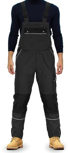 TMG® | Lange Arbeitslatzhose Herren, Schwarze Latzhose mit Kniepolstertaschen aus Cordura, viel Stauraum, robust | 54