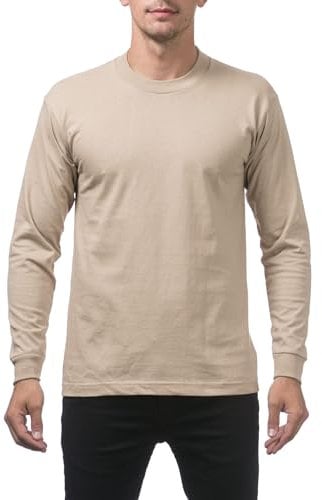 Pro Club Men's Heavyweight Cotton Long Sleeve Crew Neck T-Shirt, Khaki, S