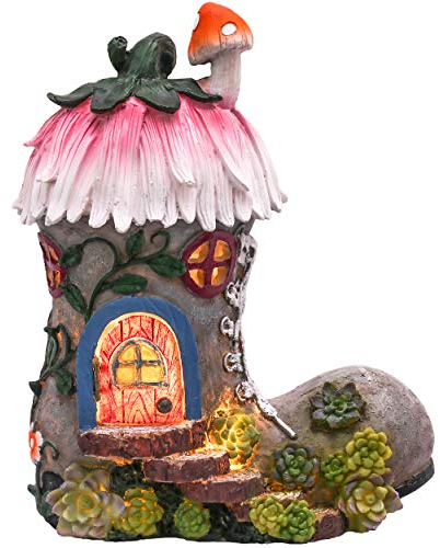 TERESA'S COLLECTIONS Gartendeko für Draußen Stiefel Feenhaus für Garten 22cm Feengarten Solar Gartenbeleuchtung Gartenfigur aus Kunstharz Elfenhaus Gartendeko