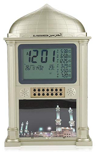 Bewinner 1 Stücke Islamische Uhr für Wand Schreibtisch, Kunststoff Islamisches Gebet Digitale Kalender Zeitanzeige Alarm Wand Azan Uhr, Haus Dekoration(Golden)