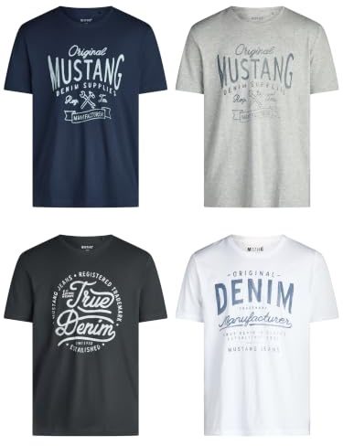 MUSTANG Tshirt Herren Baumwolle Regular Fit 4er Pack Set Rundhals Kurzarm Sommer Tee Shirt Logoprint, Größe:L, Farbe:Farbmix (P9)